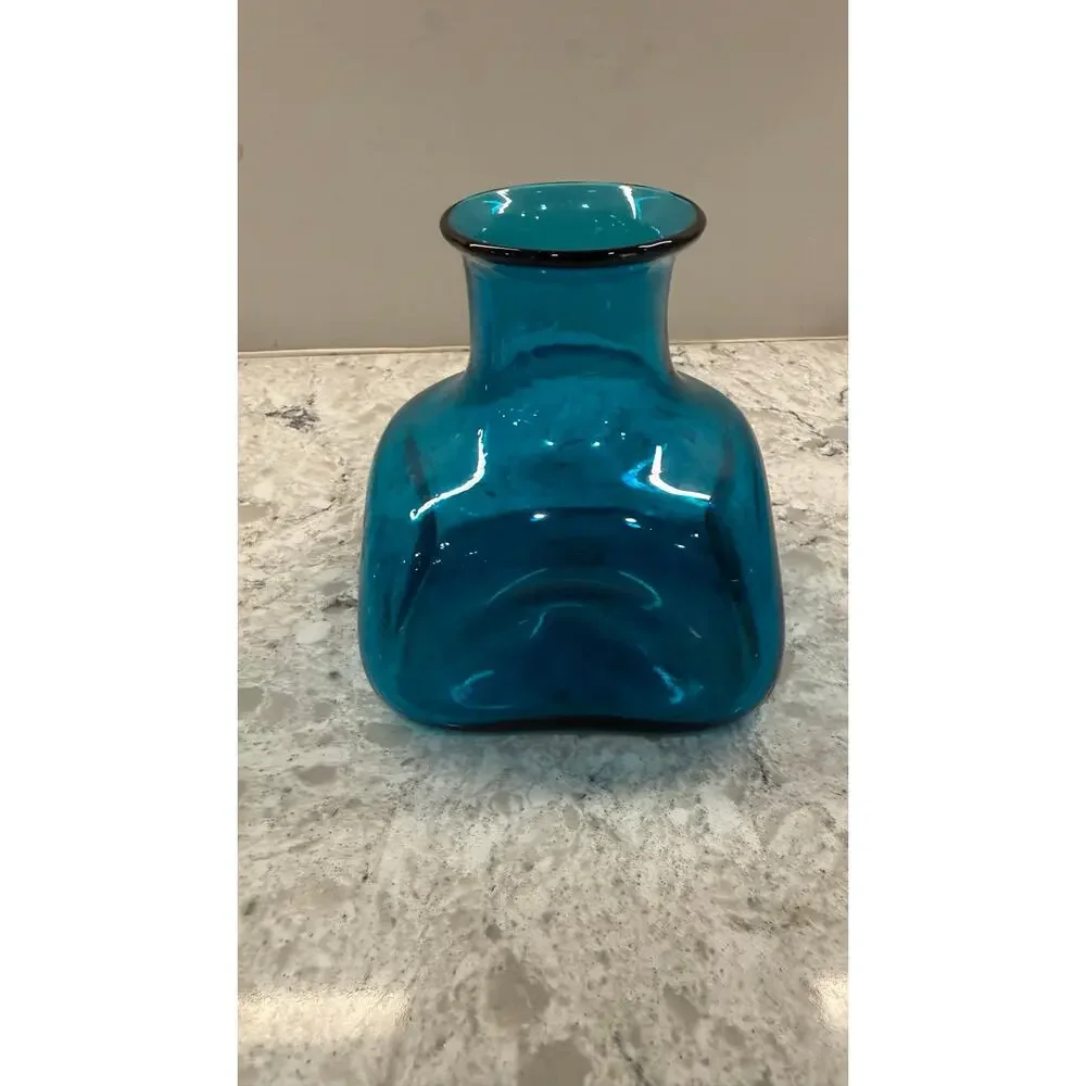 Vintage Unique Hand Crafted Glass Vase Aqua Teal Dimple Pinched 5